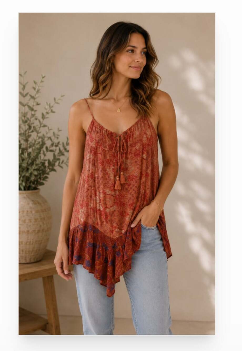 Free People Top Womens Large Orange Floral Slip Strappy Tassel Boho